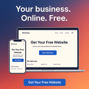 Promotional banner showing free business website on mobile and desktop with text: Your business. Online. Free.